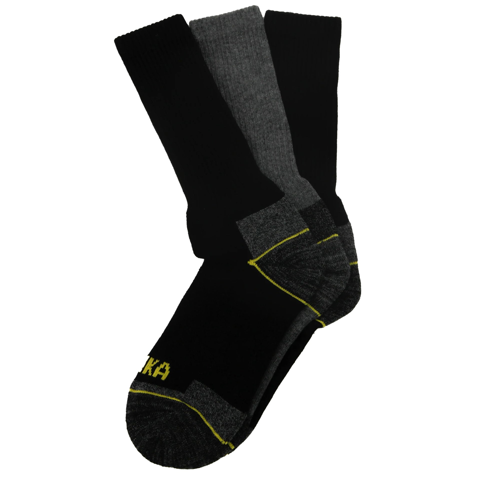 3 pack of black socks with yellow trim