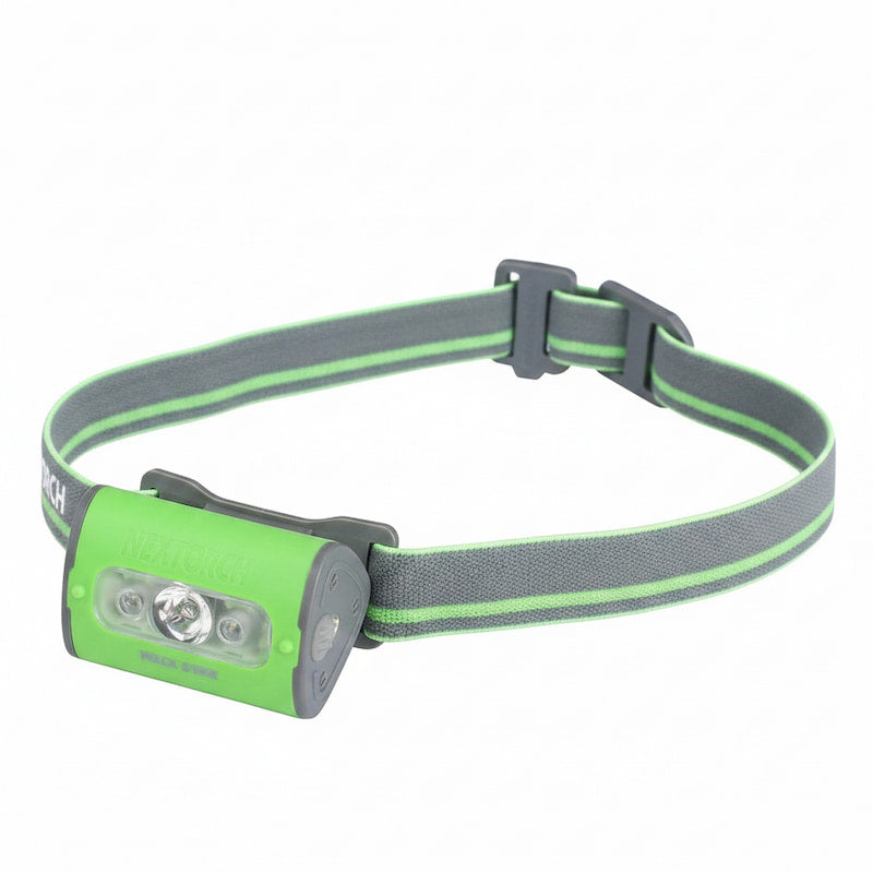Green and gray headlamp with a strap on a white background