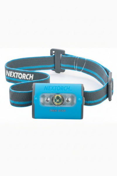 Blue headlamp with gray strap on a white background, branded 'Nextorch'.