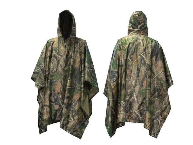 Camouflage poncho shown from front and back on a white background