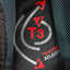 Close-up of a backpack with 'T3' and 'Tri-Active Adjust' branding on a black background.