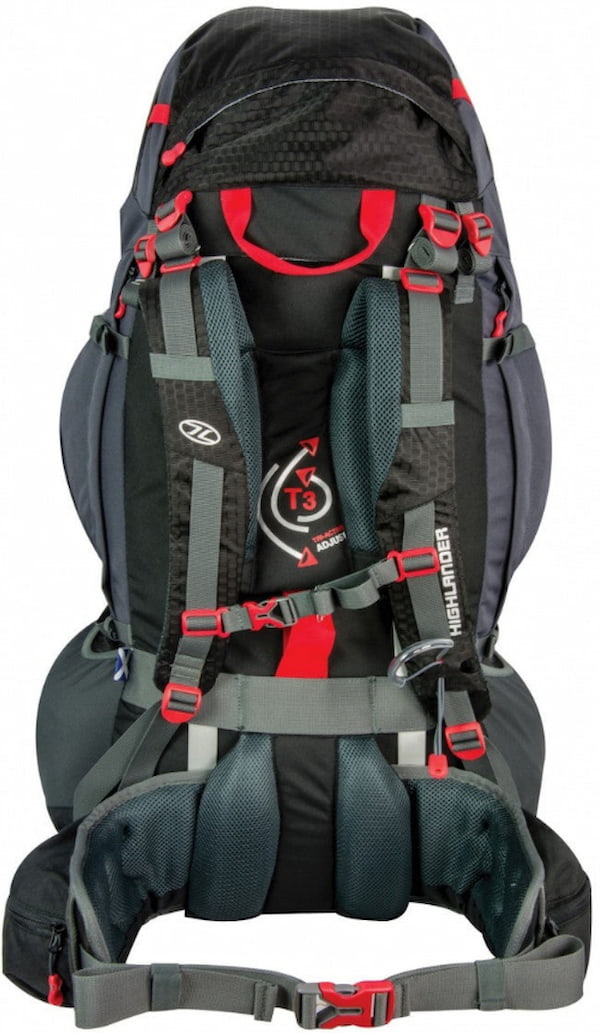 Black and gray hiking backpack with red accents on a white background