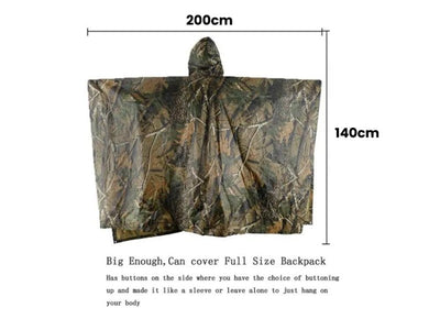 Camouflage poncho with dimensions on a white background