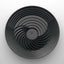 Black circular object with concentric rings on a white background