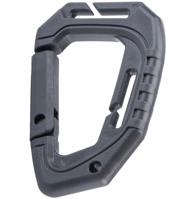 Black carabiner on a white background
