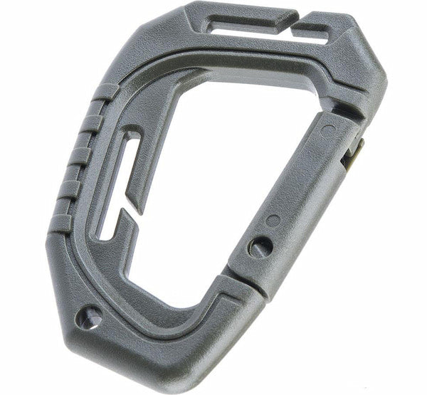 Gray carabiner on a white background
