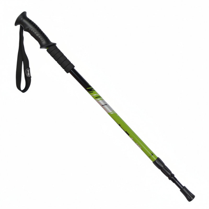 A hiking pole with a black textured handle and wrist strap, featuring a bright lime green shaft with a silver and black logo band, set against a plain white background.