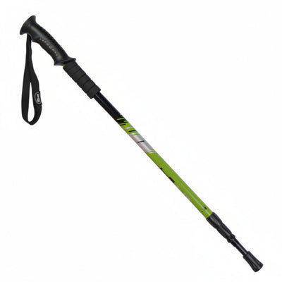A hiking pole with a black textured handle and wrist strap, featuring a bright lime green shaft with a silver and black logo band, set against a plain white background.