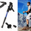 A split image showing hiking poles: the left side displays the poles and accessories on a white background, including a close-up inset, while the right side shows a man hiking in a mountainous outdoor setting holding a blue and black pole.