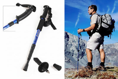 A split image showing hiking poles: the left side displays the poles and accessories on a white background, including a close-up inset, while the right side shows a man hiking in a mountainous outdoor setting holding a blue and black pole.