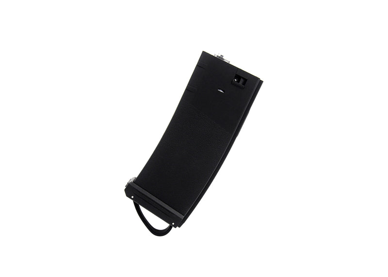 A black 150-round mid-capacity airsoft magazine with a modular tracer box, designed for M16/M4 series, on a white background.