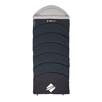 OZtrail Kingsford hooded sleeping bag with a soft gray outer shell and a contoured hood, designed for comfort in cool conditions.
