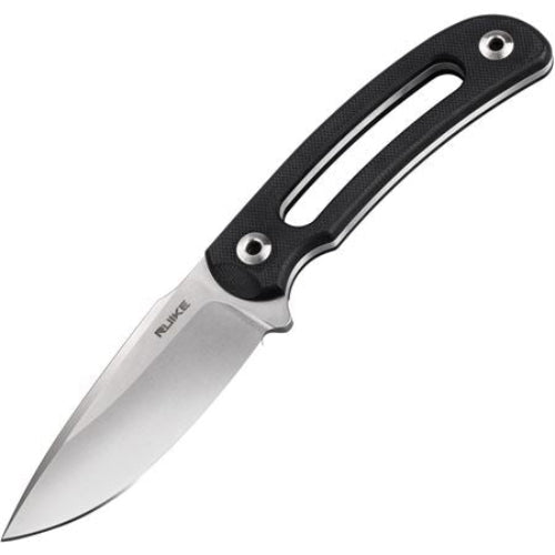 Ruike F815-B Hornet Knife with a black handle and a stonewash finished blade, accompanied by a black molded ABS sheath with a belt clip attachment.