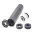 An airsoft suppressor with barrel spacer and additional parts, primarily in black color.
