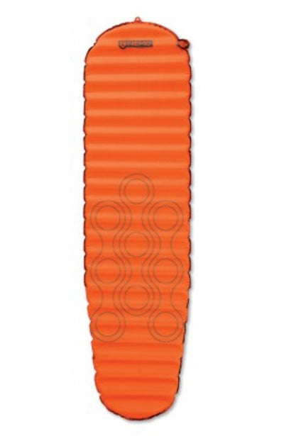 An orange Nemo Flyer Regular Self-inflating Air Pad with a patterned design, laid out on a white background.