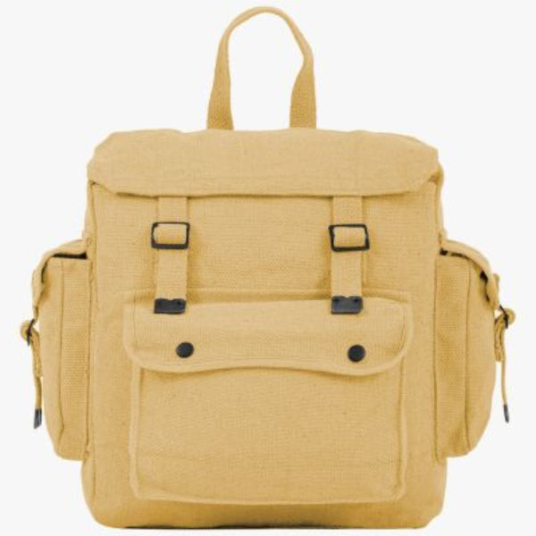 A beige canvas webbing backpack with multiple pockets and adjustable straps, displayed against a plain background.