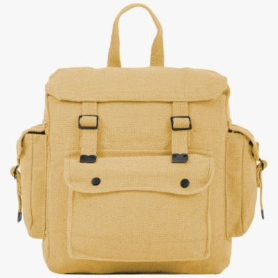 A beige canvas webbing backpack with multiple pockets and adjustable straps, displayed against a plain background.