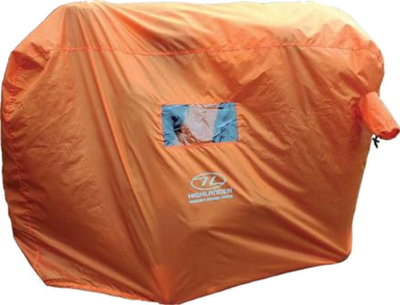 Orange emergency survival shelter with a visible logo and clear window PVC patches, designed for outdoor use.