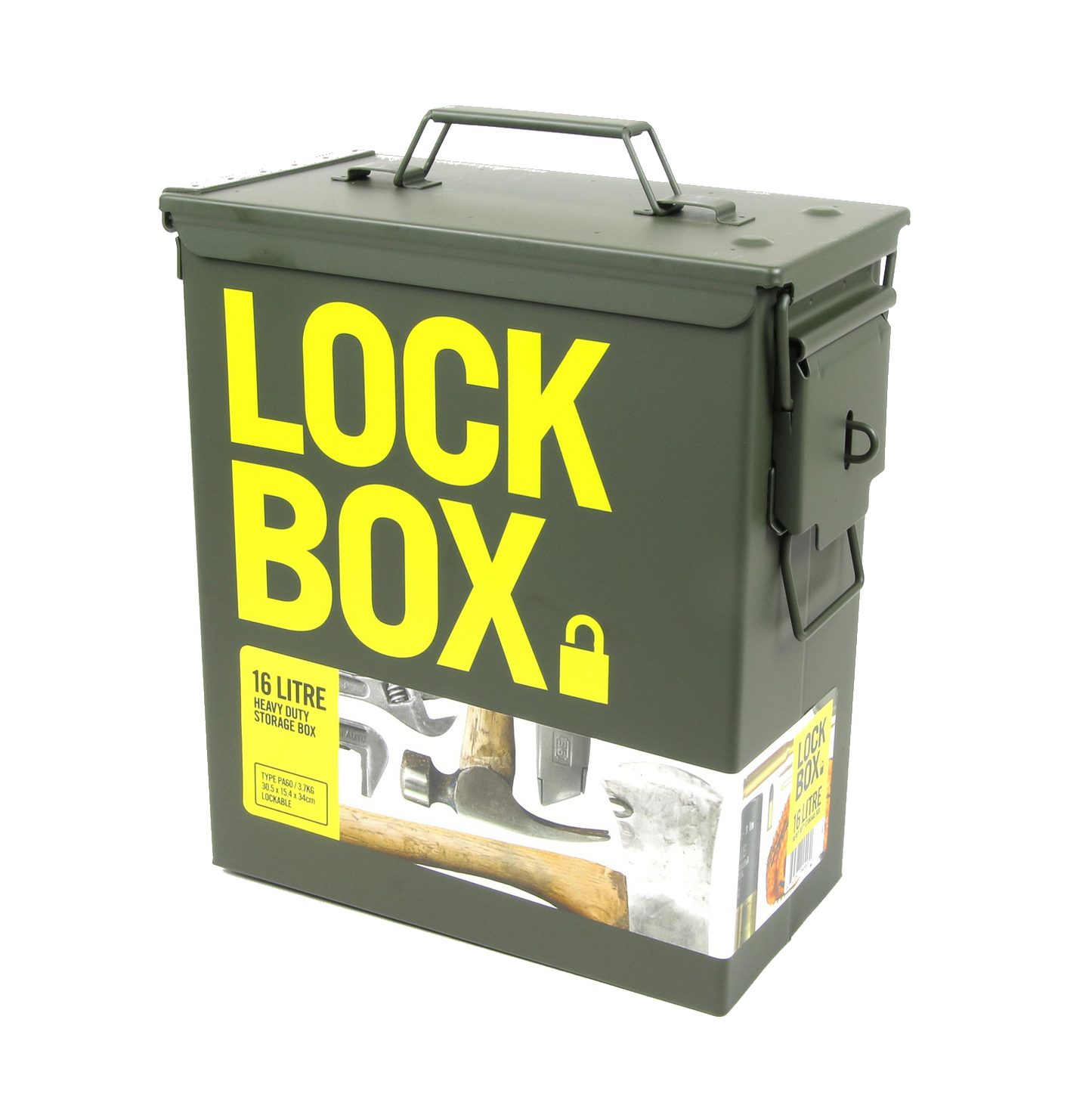 A green metal ammunition tin with lid clamps, designed for storing tools and ammunition.