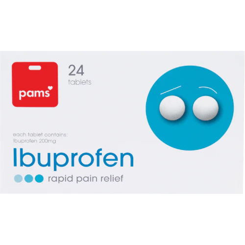 Packaging for Pams Ibuprofen tablets, showing the red and white tablet blister pack with the product name and quantity '24 tablets' displayed.