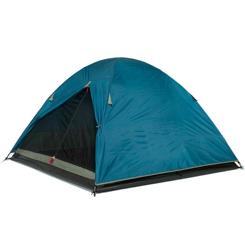 A blue OZtrail Tasman 3P dome tent set up, showing the exterior fly and the entrance.