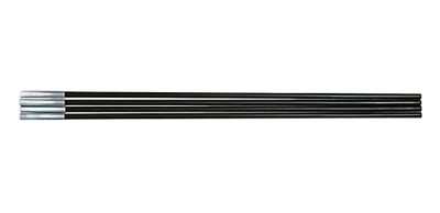 A black fibreglass tent pole with metal ends and a shock cord attachment.