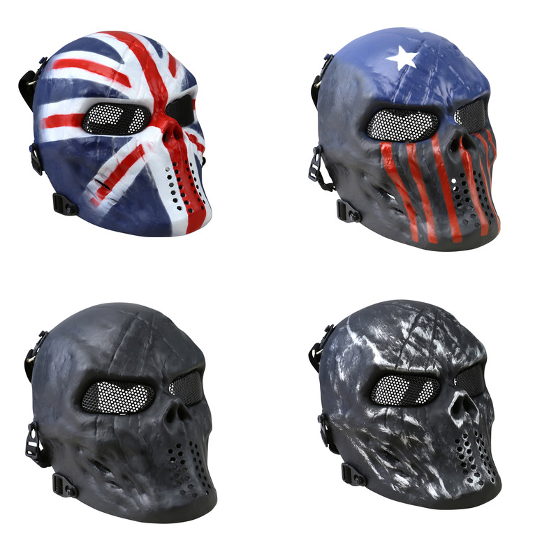 A collection of four skull mesh masks used for airsoft, displaying various designs including a Union Jack and a red skull pattern.