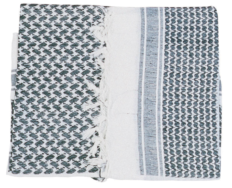 A shemagh with a geometric pattern displayed flat, showing black and white colors with some tassels visible.