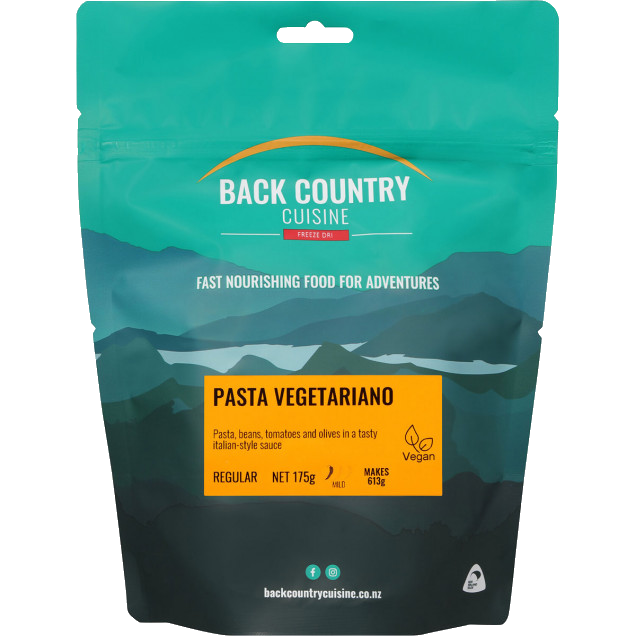 Packaging of Back Country Cuisine Pasta Vegetariano, showing the product name and description, with a mountainous landscape in the background.