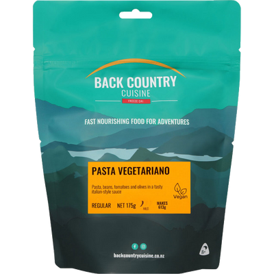 Packaging of Back Country Cuisine Pasta Vegetariano, showing the product name and description, with a mountainous landscape in the background.