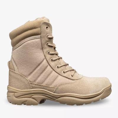 A high-cut tactical boot in tan color, designed for outdoor work and comfort, featuring a lace-up closure and side zip opening.
