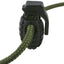 A hand grenade-shaped cord lock, predominantly black, fastened to a green cord.