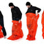 A series of four images showing a person wearing black clothing interacting with a bright orange emergency survival bag. The images depict the bag being packed and unfolded.