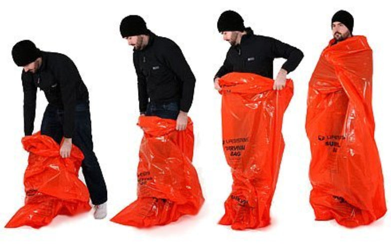 A series of four images showing a person wearing black clothing interacting with a bright orange emergency survival bag. The images depict the bag being packed and unfolded.