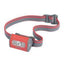 Red and gray headlamp with strap on a white background