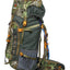 A 45 litre backpack with a camouflage pattern in green and orange, featuring multiple compartments and straps designed for outdoor activities.