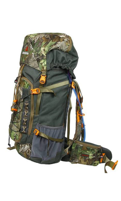 A 45 litre backpack with a camouflage pattern in green and orange, featuring multiple compartments and straps designed for outdoor activities.