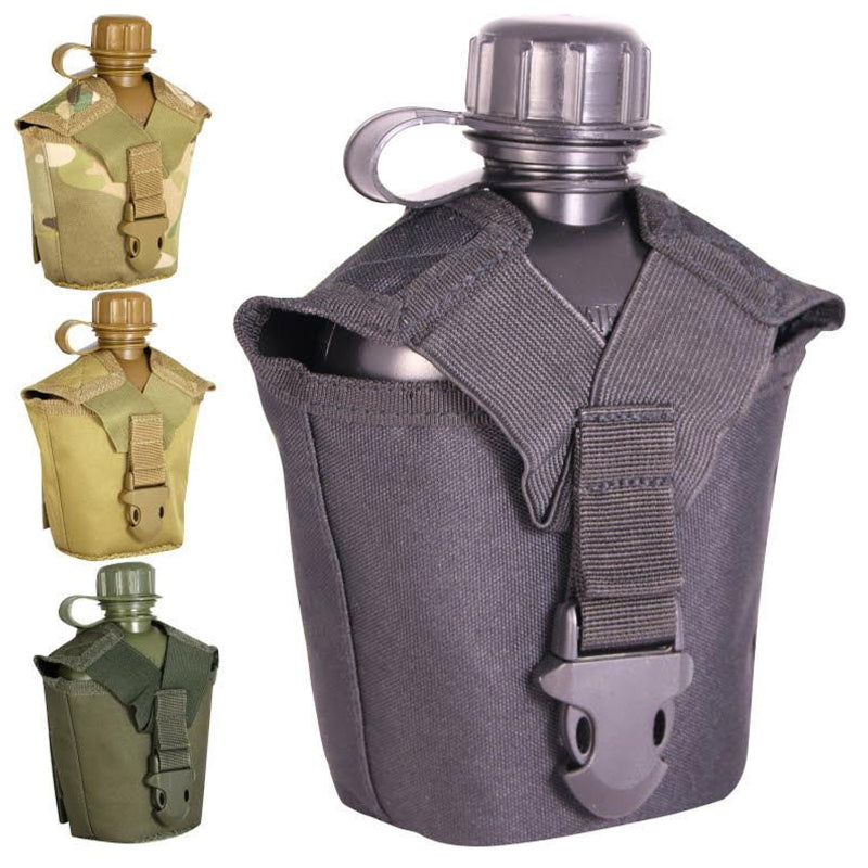 Set of three military canteens with pouches on a white background