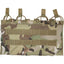 A camouflage-patterned quad mag sleeve with multiple quick-release open top pouches and a MOLLE attachment system.