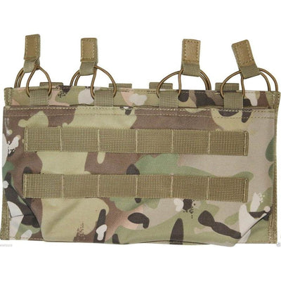A camouflage-patterned quad mag sleeve with multiple quick-release open top pouches and a MOLLE attachment system.