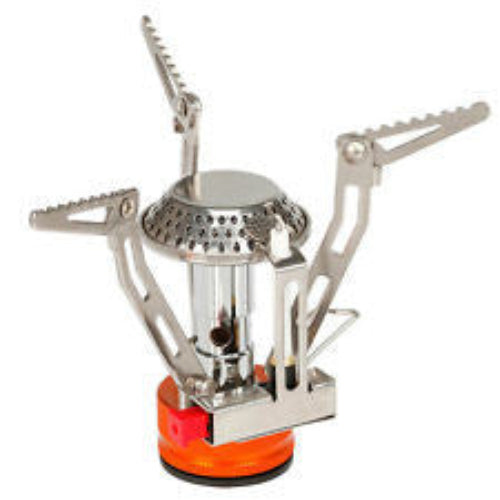 Compact and foldable portable cooking stove made of aluminium alloy and stainless steel with piezoelectric ignition system.