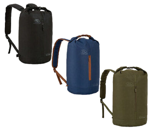 Three Highlander Urban RockHopper DaySack backpacks in black, blue, and green colors, displayed upright with visible brand logo.