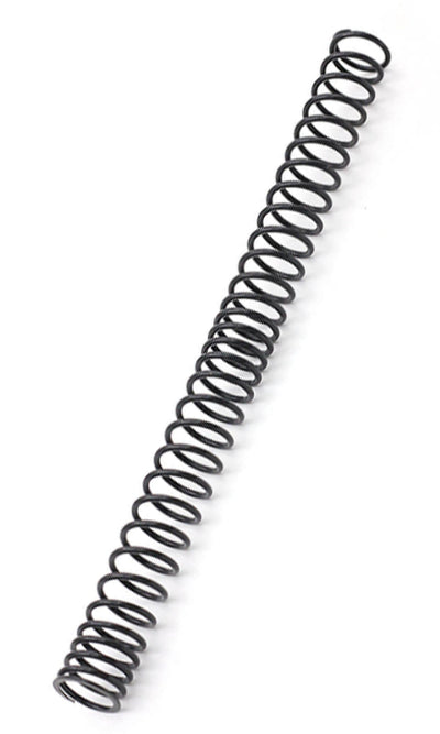A black metal coil spring for an airsoft gun, isolated on a white background.